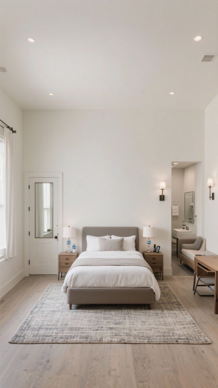 Wide floor-plan view: A well-laid-out guest bedroom—bed centered on the longest wall with clear walkways on both sides, nightstands at least 20 inches tall holding lamps, water, and phones. A 6x9 rug placed two-thirds under a queen bed for balance, a full-length mirror on the back of the door, and an unobstructed path from door to bed to bathroom. For a small room variant, show a daybed with trundle, wall sconces freeing nightstand space, and a compact fold-down desk; clean, edited, photorealistic, slight overhead angle.