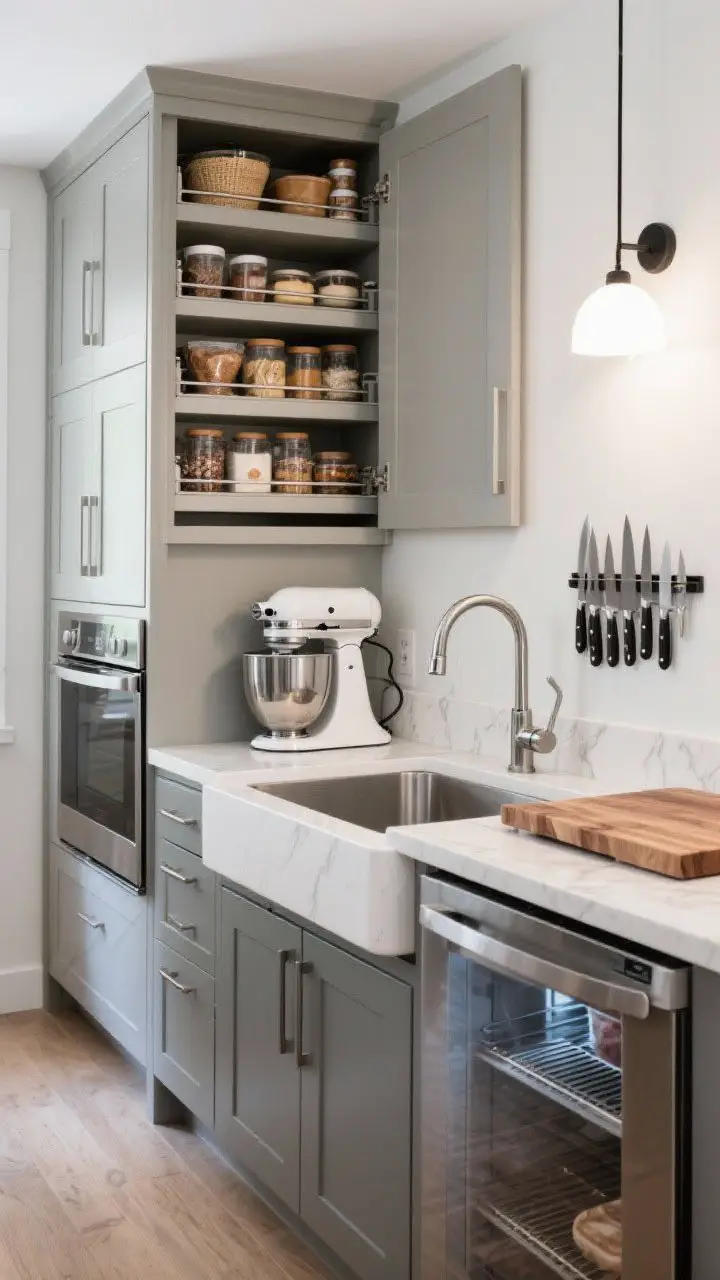 Wide functional shot of a chef’s mini-prep zone: tall pantry cabinet with roll-outs open to reveal baking supplies, an appliance garage door lifted to show mixer and blender, a deep sink with a pull-down sprayer, and an extra undercounter fridge. Add a butcher block insert on the countertop and a wall-mounted magnetic knife strip. Bright task lighting, practical and organized.