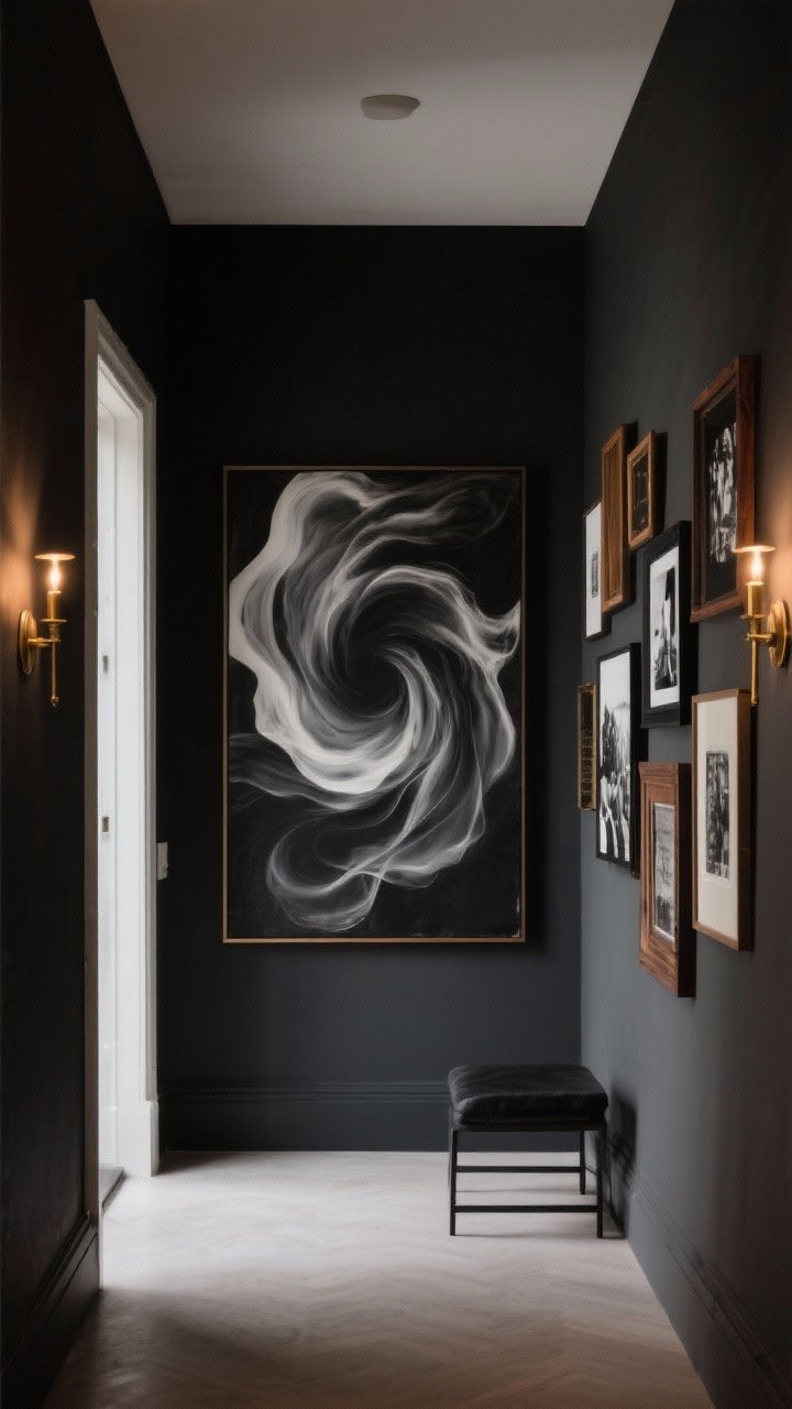 Wide, gallery-style entry wall with art that sets a mood: one large-scale abstract piece with deep smoky swirls as the focal point, flanked by a curated grouping of black-and-white photography in mixed dark frames (black, walnut, oxidized brass). Picture lights and warm sconces create low, focused illumination on the artworks. Dark walls and minimal furnishings keep attention on the narrative.