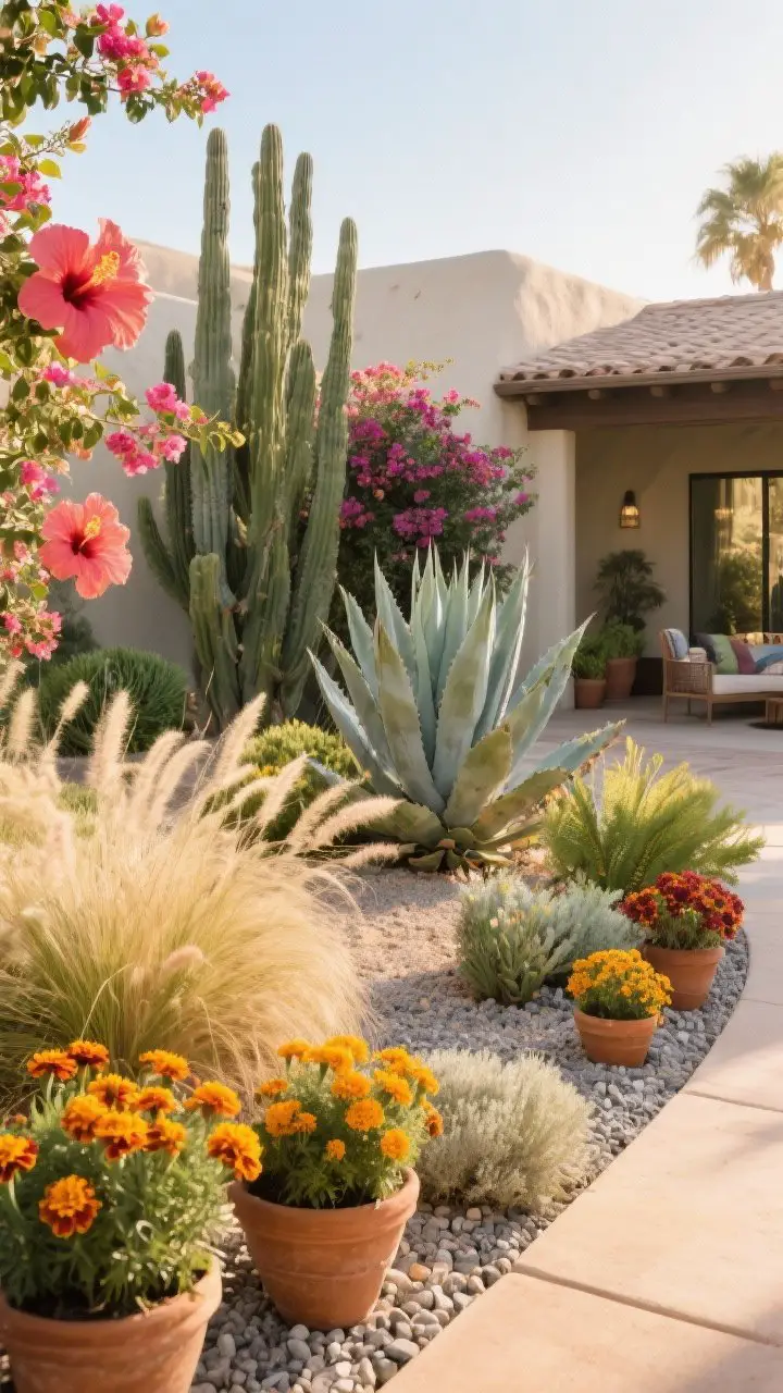 Wide garden shot of a desert-meets-tropical planting around a patio: sculptural agave and yucca for structure, bougainvillea and hibiscus bursting with color, swaying Mexican feather grass for movement, and marigolds (cempasúchil) in clay pots for seasonal pop; grouped by water needs with gravel mulch creating a clean coastal-desert finish; golden-hour sunlight enhancing textures; no people.