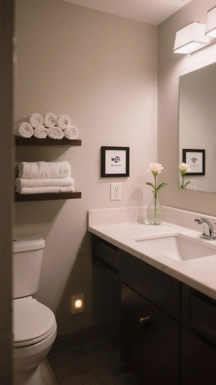 Wide, hotel-ready scene of the guest bathroom: neatly folded bath towels and rolled face cloths on a shelf, a tiny framed note with Wi-Fi info on the vanity, a low-glow outlet nightlight by the baseboard, and a single fresh flower in a bud vase; overall clean, inviting mood with gentle evening lighting.