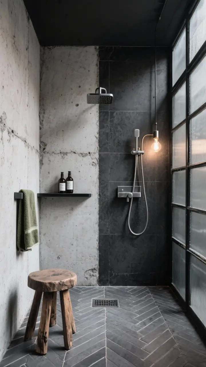 Wide industrial angle shower: two walls in concrete-look porcelain with raw mineral character, a third wall in black steel-framed grid glass like factory windows; charcoal herringbone porcelain floor; gunmetal fixtures and a center square gunmetal drain; compact wall-mounted black shelf holding bottles; exposed-bulb sconce just outside shower zone; olive towel and a rugged wood stool for warmth; shot from a low corner perspective with cool, directional light.