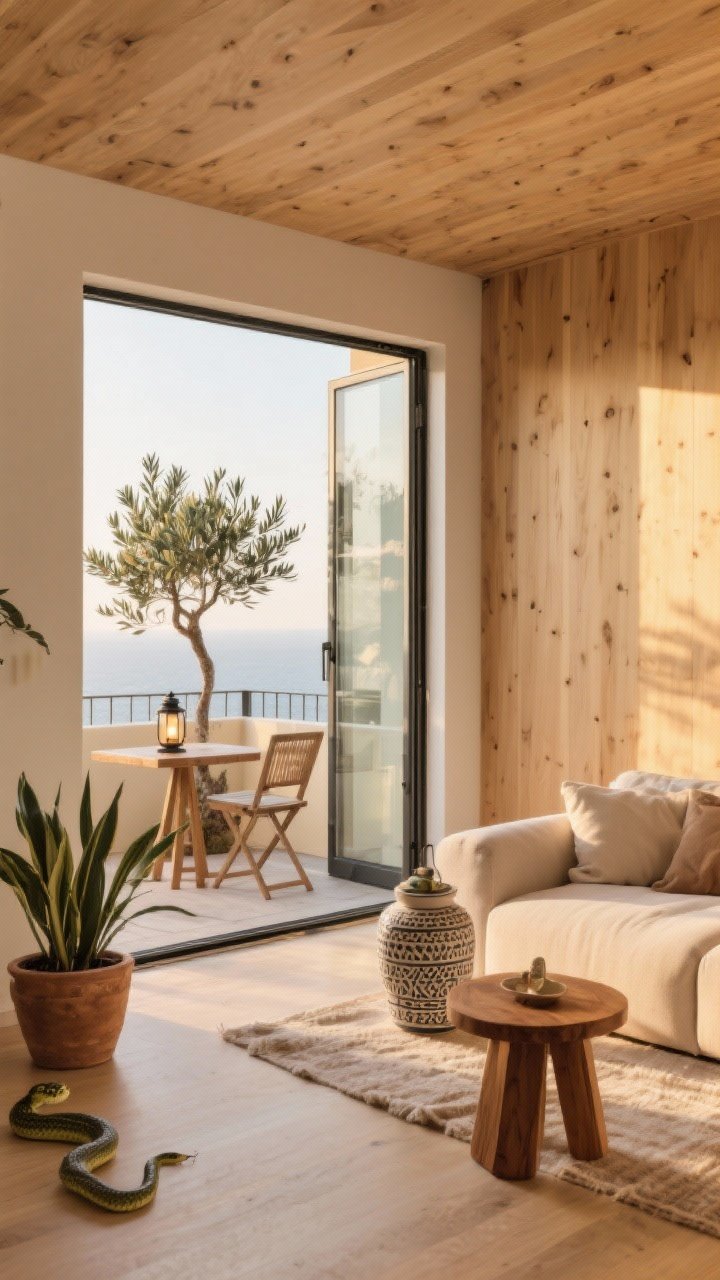 Wide interior-to-exterior scene showing indoor-outdoor flow: living room opening to a small balcony through clear sight lines; repeat materials—light oak inside and matching outdoor wood tones; a petite balcony bistro set with a lantern outside; inside features an olive tree in a pot, snake plant, teak stool and ceramic side table with outdoor-friendly textiles; golden-hour natural light, photorealistic, no people.