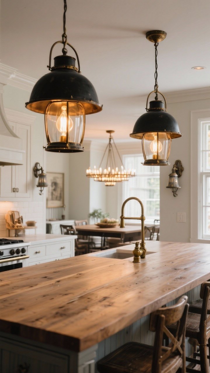 Wide kitchen island view with statement lighting: two oversized black lantern pendants over a warm wood island, aged brass linear chandelier visible beyond, and warm-toned bulbs creating an inviting glow; subtle antique pewter accents on nearby sconces; photorealistic, slightly elevated perspective.