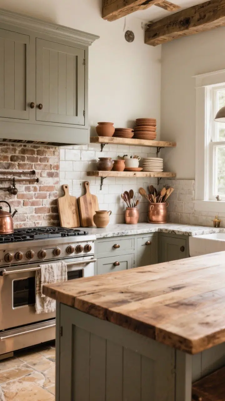 Wide kitchen shot: A warm rustic kitchen with stone countertops, a butcher block island, matte-painted shaker cabinets, and simple oil-rubbed bronze hardware; handmade-look tile or brick backsplash; open shelving displaying everyday earthenware, stacked cutting boards, crocks holding utensils, and visible copper and cast iron; bright, functional daylight.