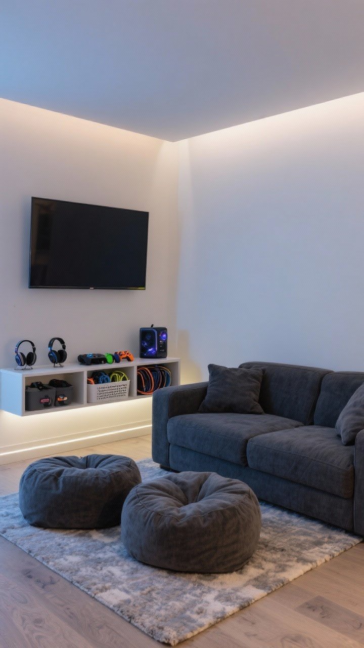 Wide lounge corner: Teen-friendly hangout nook with a compact sofa in durable charcoal fabric, two oversized floor cushions, a low media shelf organizing controllers, headsets, and cable bins. Wall-mounted TV at eye level; if not mounted, a low credenza supports it. Subtle LED ambient glow, relaxed mood for gaming and friends.