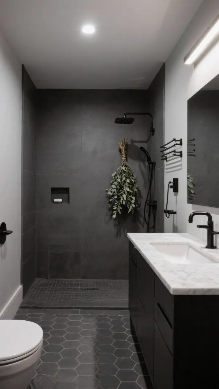 Wide modern bath with medium-deep matte mineral gray walls, white quartz vanity top, charcoal hex tile floor, matte black fixtures, and a eucalyptus bundle hanging in the shower creating spa scent; moody, soothing atmosphere with controlled, soft overhead lighting and subtle shadows.