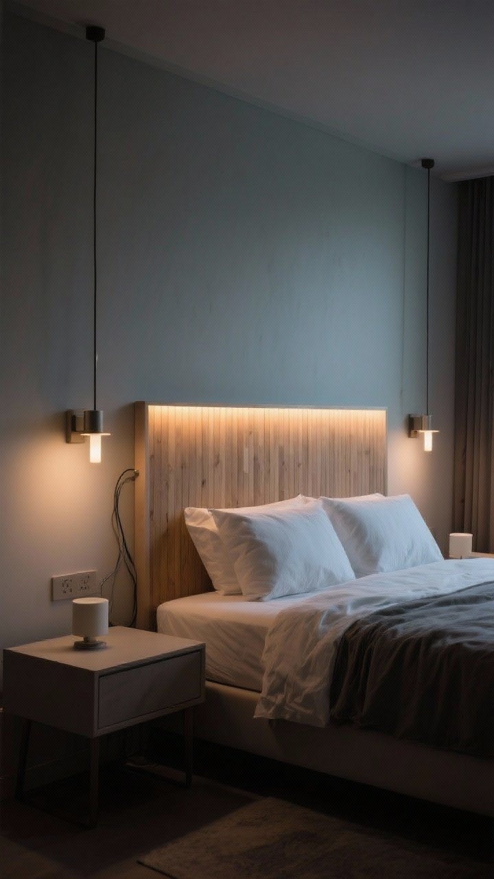 Wide, moody evening shot of a backlit headboard floating off the wall with a warm 2700–3000K LED glow; wall-wash sconces on dimmers casting gentle light over a limewashed or wood-slat texture; cords concealed; minimalist nightstands free of lamps; cinematic, calming ambience ideal for winding down.