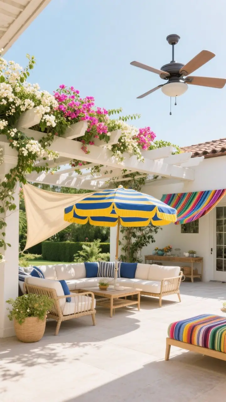 Wide patio comfort zone with shade and breeze: a bold striped canvas umbrella in cobalt and sunflower-yellow shading a lounge area, a pergola draped with bougainvillea and jasmine for dappled greenery, a lightweight serape canopy/shade sail adding playful color, and a weather-rated ceiling fan under the pergola; airy, relaxed mood in bright but softened midday light; no people.