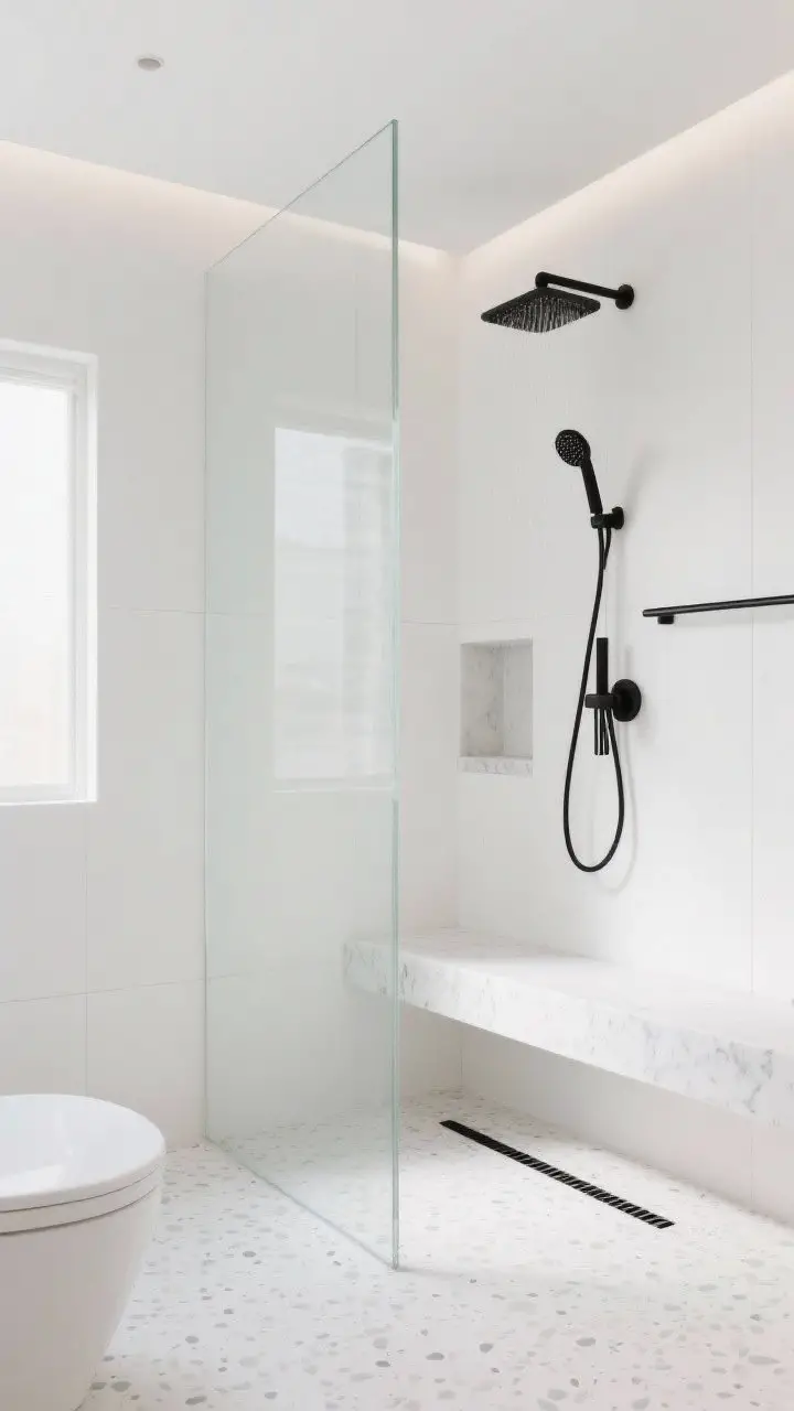 Wide, photorealistic bathroom shot of a cloud-white minimal spa walk-in shower: matte white large-format porcelain walls with nearly invisible grout lines, frameless single glass panel, floating warm-white quartz bench, white terrazzo-look floor with pale gray flecks, slim black linear drain, matte black wall-mounted controls, matte black rain shower and hand shower on a rail, recessed niche with quartz sill; soft natural light bouncing to create airy, serene mood; straight-on perspective emphasizing calm minimalism.