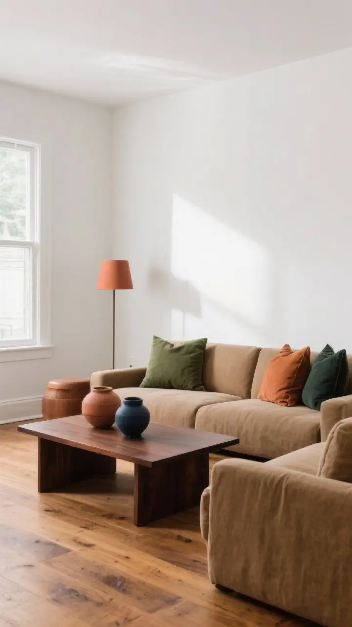 Wide room shot: A calm living room with matte white walls, a tan linen sofa, and a dark walnut wood coffee table on warm oak floors; accents in clay, terracotta, forest green, and muted navy through pottery and pillows; finishes in eggshell/matte only, no gloss; soft natural afternoon light warming an earthy palette of creamy whites, soft taupes, warm caramels, smoky grays, and deep greens; cozy, lived-in mood.