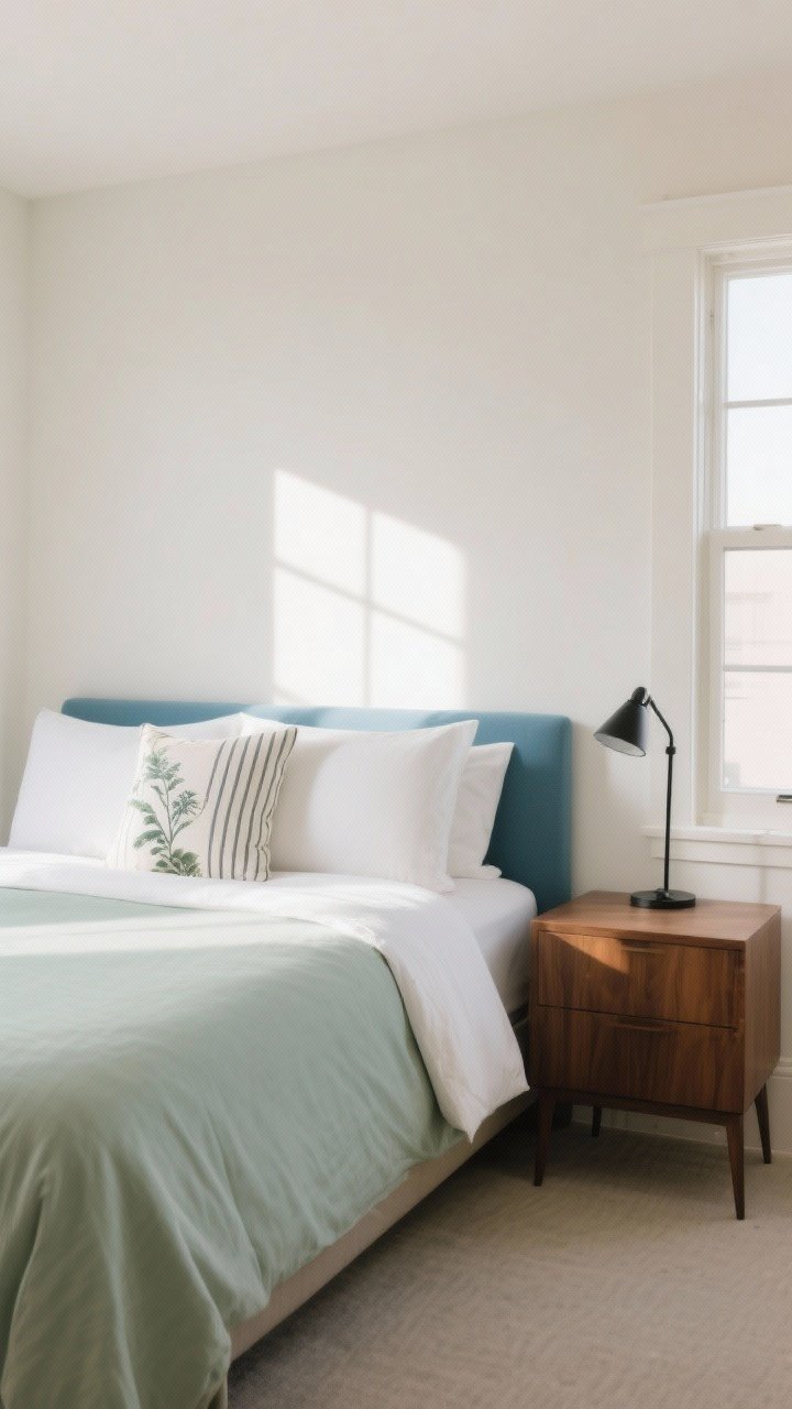 Wide room shot: A serene guest bedroom with warm white walls, a pale sage duvet on a neatly made bed, and subtle muted blue accents; a walnut nightstand and a single black metal accent lamp provide contrast. Include a pinstripe pillow and a subtle botanical print pillow, morning light filtering softly through the window, overall calm, hotel-like vibe, no people, photorealistic, straight-on angle.