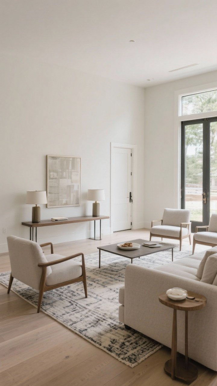 Wide room shot demonstrating a floated layout: sofa pulled forward with a narrow console table behind it holding a pair of lamps; a defined seating zone grouped around a rug, with clear path from door to seating; chairs pulled in, 14–18 inches from a coffee table; balanced, purposeful spacing; natural light and clear circulation emphasized.