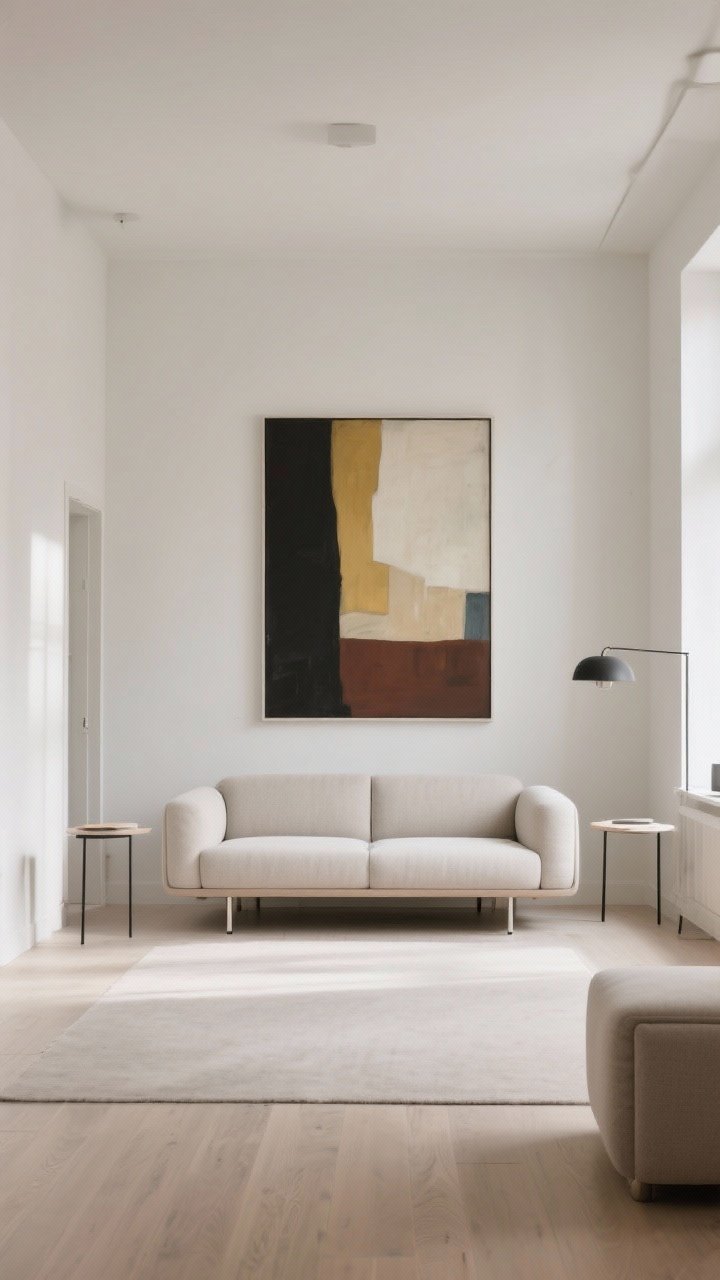 Wide room shot demonstrating scale: a statement sofa with clean lines and raised legs in a compact living area, one oversized art canvas centered above it, streamlined surfaces free of small clutter; minimal side tables, plenty of visible floor to maintain openness; neutral palette with a single bold piece anchoring the room; bright, diffuse daylight.