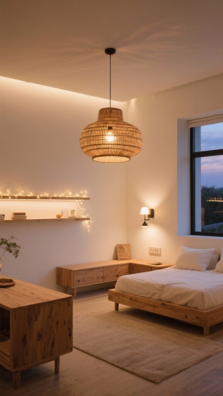 Wide room shot emphasizing layered lighting: rattan pendant overhead, matching bedside sconces with dimmers, subtle fairy lights or LED strips glowing under floating shelves; warm bulbs at 2700–3000K casting a cozy hue across white walls and natural wood furniture; show the interplay of overhead, task, and ambient light without other decor distractions; twilight scene to showcase glow.