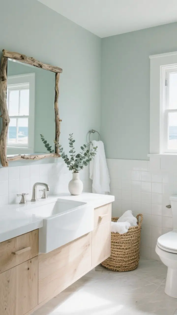 Wide room shot of a serene bathroom painted in whispery sea-salt pale gray-green, shifting slightly toward green in soft daylight, with a white oak vanity, matte white subway tile, a driftwood-framed mirror, brushed nickel fixtures, a woven seagrass hamper, fluffy white towels, and a small vase of eucalyptus sprigs; clean, airy seaside spa mood, natural daylight.