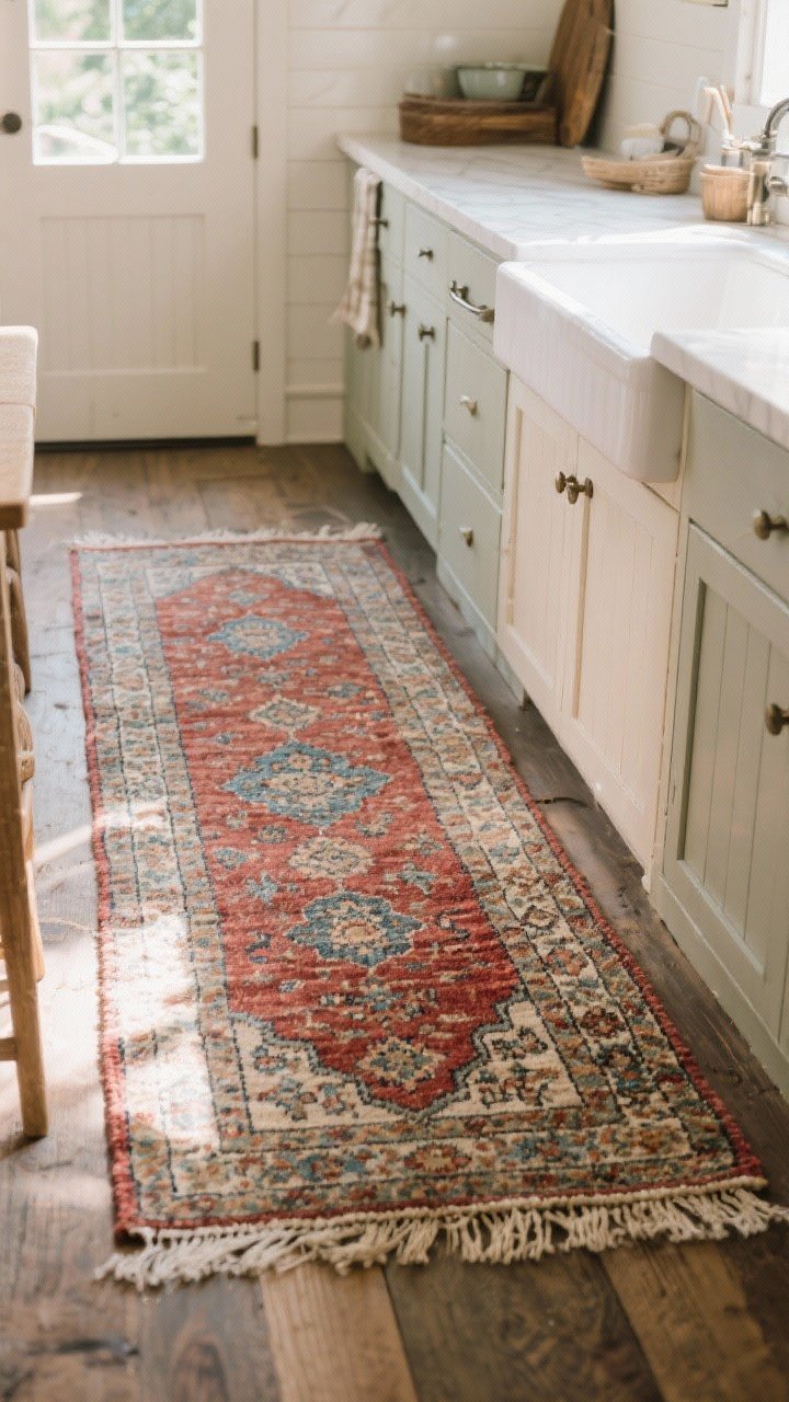 Wide runner view, straight-on: A cozy, washable vintage-style runner in a faded Persian pattern placed along the main prep zone in front of the sink. Flatweave texture for durability, muted reds and blues toned down to suit a farmhouse palette. Soft morning light rakes across the rug, highlighting its low pile and timeworn look.