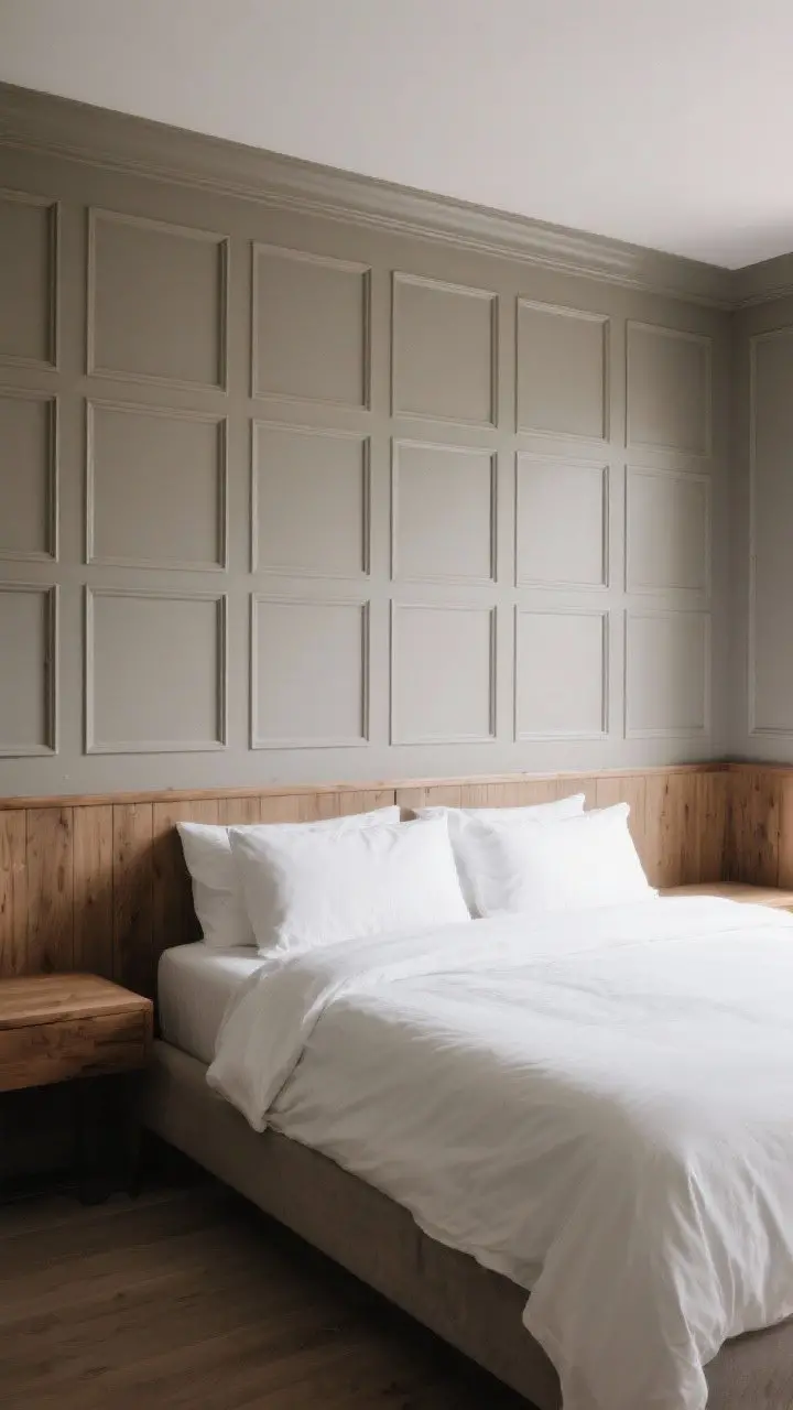 Wide shot: A bedroom featuring picture frame molding in a simple thin-trim, uniform grid pattern across the wall behind the bed. Walls and trim painted the exact same rich greige for a luxe, seamless look. A half-wall paneling treatment grounds the bed area. Natural wood accents, crisp white bedding. Soft daylight, corner angle to show depth.