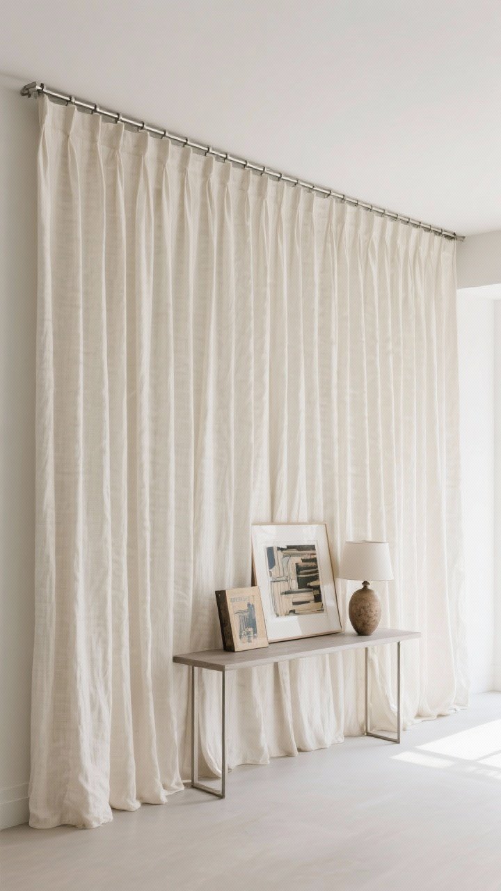 Wide shot: A blank wall transformed with wall-to-wall, ceiling-mounted drapery in textured ivory linen, hung high on a sleek track to elongate the ceiling. A slim console sits in front with layered art and a ceramic lamp, creating an editorial look. The drapery softly muffles the room, with gentle folds illuminated by diffuse daylight. Straight-on perspective, luxe and serene.
