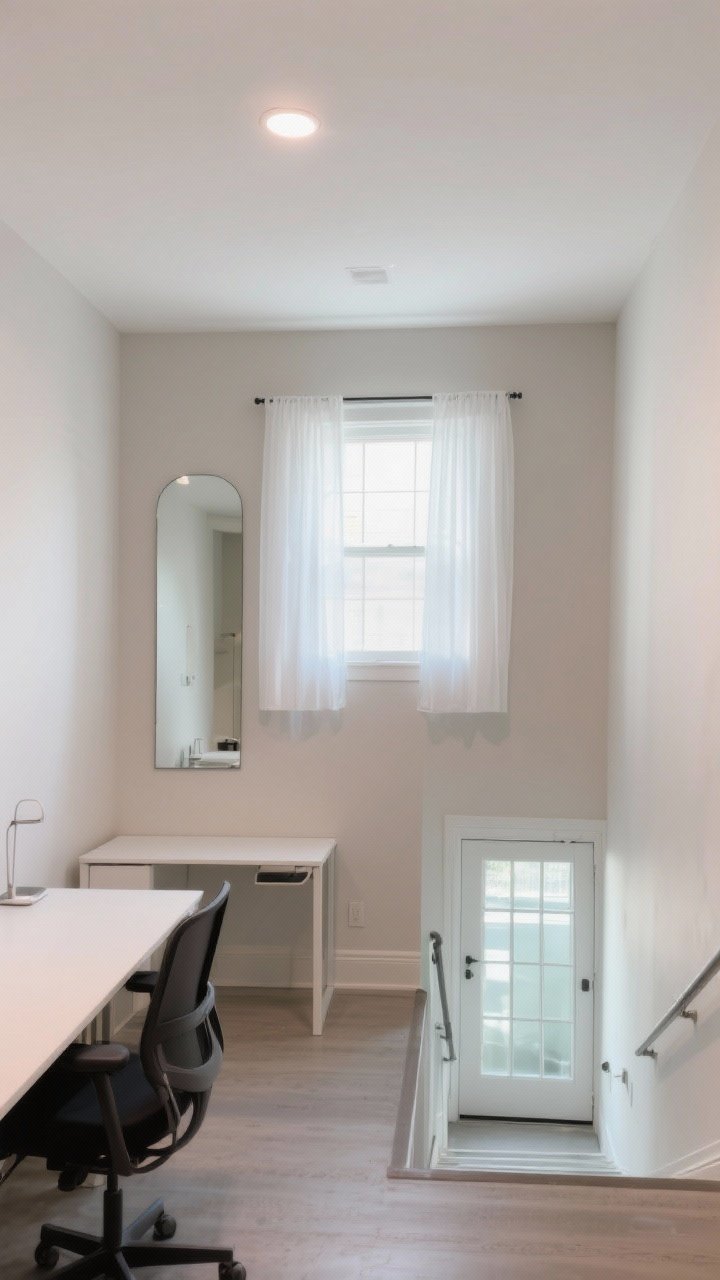 Wide shot: A bright basement office with an egress window treated as the focal point, sheer white curtains filtering natural light, a large wall mirror hung directly opposite the window bouncing light across soft white and pale taupe walls; low ceiling painted the same color as the walls to visually lift the room, light-reflective matte finish, a glass door at the bottom of the stairs borrowing light from above, clean modern desk and minimal decor, photorealistic, no people.