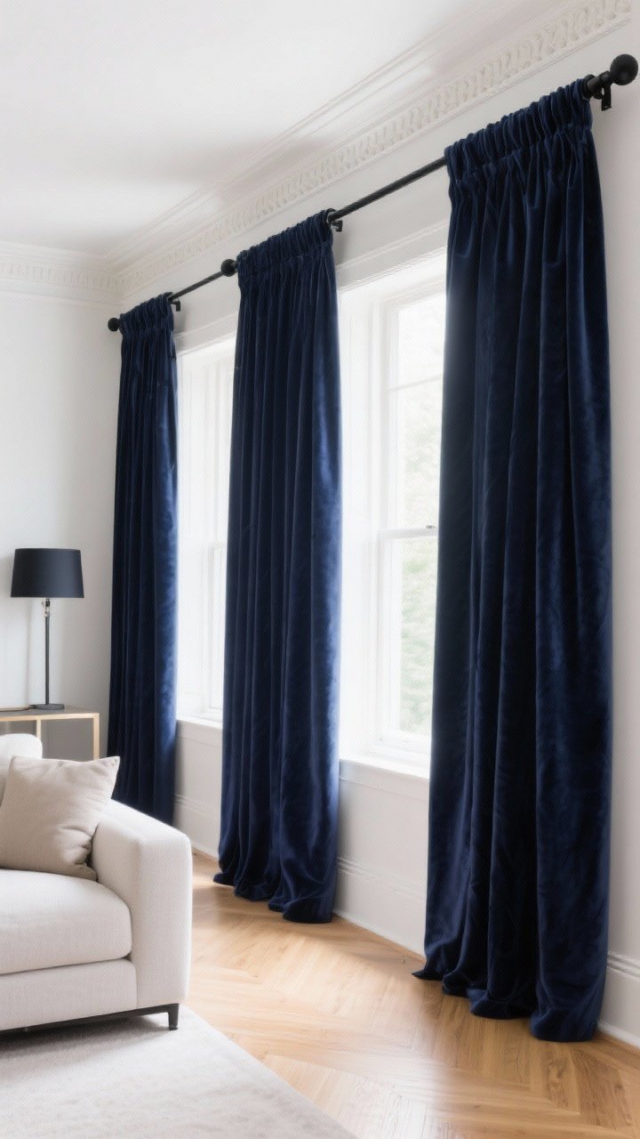 Wide shot: A contemporary living room with curtain rods mounted just below crown molding and extended wide past the window edges, floor-to-ceiling velvet drapery in deep navy gently kissing the light oak floor, full double-width pleats; matte black hardware with simple finials; bright natural daylight emphasizing vertical height and luxe finish.