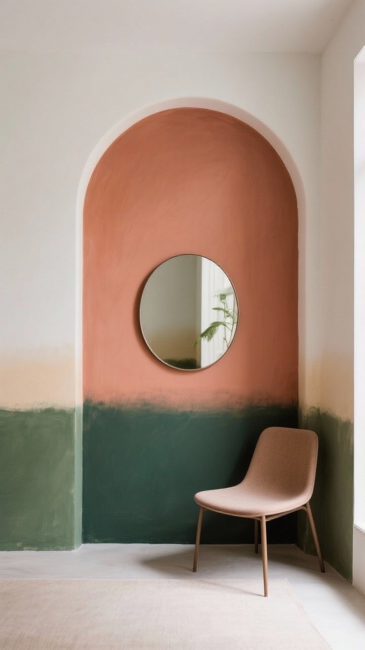 Wide shot: A dramatic painted feature wall with a soft arched color block in muted terracotta behind a round mirror and slender accent chair. Adjacent section shows a two-tone treatment—deep moss on the lower third, warm white above—blending into an ombre wash at the far end. The scene feels designer and personal, no framed art needed. Natural daylight with subtle gradients; straight-on view.