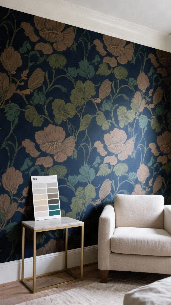 Wide shot: A dramatic patterned wallpaper wall featuring large-scale moody floral motifs in deep navy, forest, and taupe, contrasted by simple neutral furniture and plain textiles to let the paper shine. A peel-and-stick sample strip is propped on a side table as a subtle nod to testing. Even natural light with gentle shadowing; straight-on focus on the pattern scale.