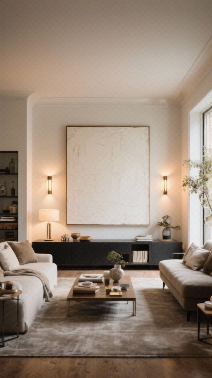 Wide shot: A final styled room showcasing one “hero” idea executed perfectly—a big blank wall transformed into a brag-worthy feature with warm lighting, correct scale, and intentional styling. Choose one approach (e.g., oversized art with picture lights and balanced negative space) presented in a cohesive, photoreal interior. The mood is confident, inviting, and complete; straight-on.