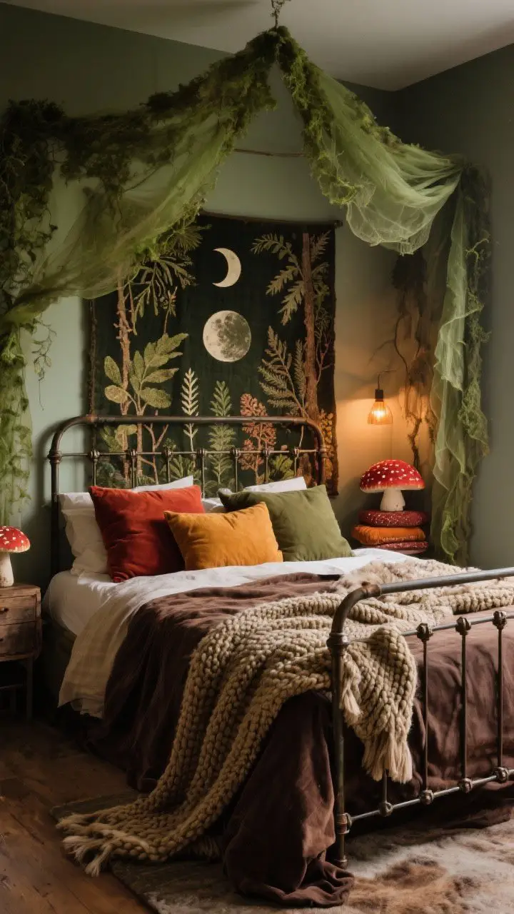 Wide shot: A forest-inspired bed nook in a cozy bedroom, earthy linens layered in olive, rust, ochre, and deep brown on a bed with a wrought iron headboard, a chunky knit throw draped over the foot, linen duvet with velvet pillows and a faux-fur blanket, a tapestry with botanical prints and moon phases hung behind the bed, a gauzy moss-green canopy cascading softly, warm ambient lighting, mushroom-red and amber accent pillows, stacked pillows in mismatched sizes and fabrics, no people, photorealistic.