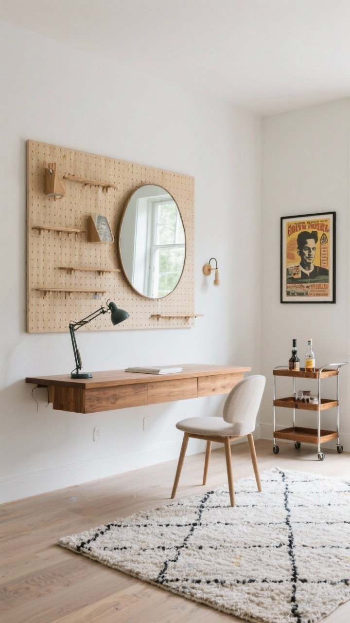 Wide shot: A functional accent wall with a floating wood desk, pegboard above for vertical storage, and a centered mirror anchoring the scene. A low-profile rug defines the zone, while a slim task lamp and organized rails keep the setup tidy. Minimalist bar-cart vignette to the side with a framed vintage poster and a small sconce. Clean, natural daylight; straight-on.