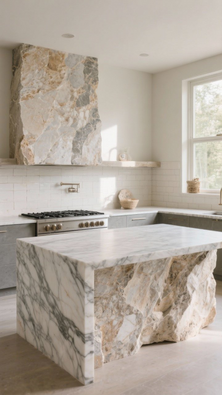 Wide shot: A kitchen featuring organic-feeling stone—honed marble waterfall island with soft movement, a continuous stone slab backsplash, and concrete-look quartz perimeter counters. Mix textures with handmade off-white tile on a side wall, gentle afternoon light that reduces glare (no high polish), calm and minimal, photorealistic, no people.