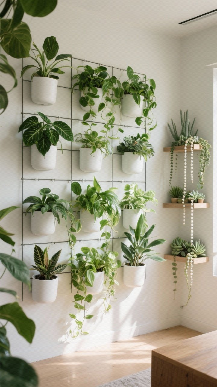 Wide shot: A living wall feature with a grid of matte white self-watering wall planters filled with trailing pothos, philodendron, and ZZ plants on a low-light interior wall. A sunlit adjacent corner features string of pearls and succulents on floating shelves. Lush, layered greenery becomes the focal point; soft natural light and subtle shadows. Straight-on, fresh and vibrant.