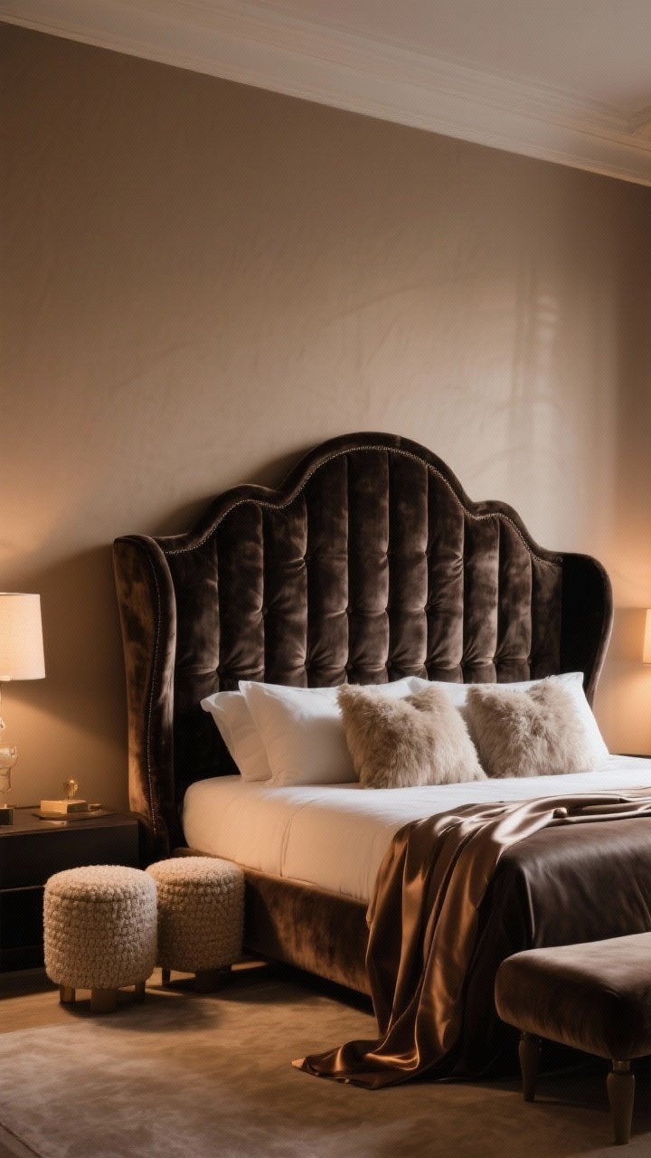 Wide shot: A luxury bedroom anchored by a tall, upholstered wingback headboard in deep performance velvet, reaching two-thirds up a matte mushroom wall; low-profile bed frame, mohair accent pillows, and a pair of petite bouclé ottomans at the foot; scalloped edges on the headboard, channel tufting detail visible; a tailored bed bench where a silk robe is casually draped; warm, soft evening lighting with subtle shadows to emphasize the velvet and leather textures.