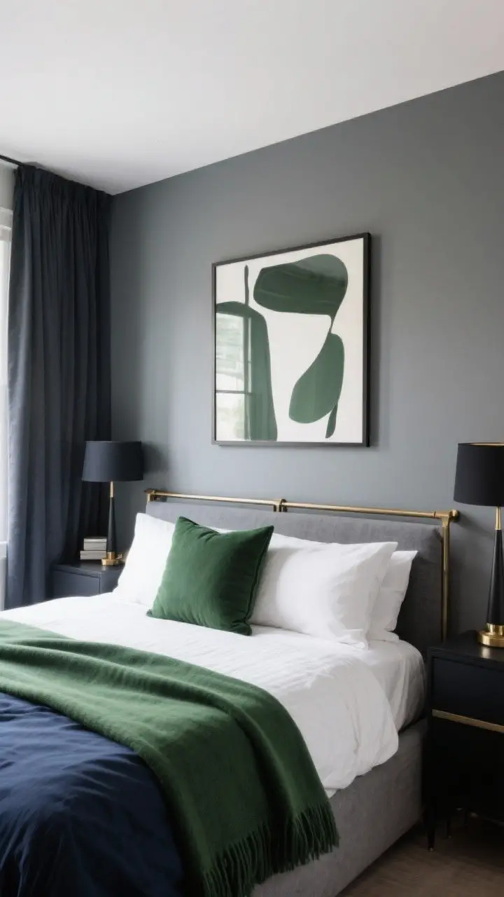 Wide shot: A men’s bedroom in a calm, masculine palette of charcoal, navy, and white with forest green accents repeated three times (throw blanket, abstract art, lamp base). Walls painted in a muted slate/greige tone. Crisp white sheets, darker navy duvet, one forest green accent pillow. Black or brushed brass metal accents on curtain rods and lamp. Soft natural daylight, clean lines, intentional symmetry.