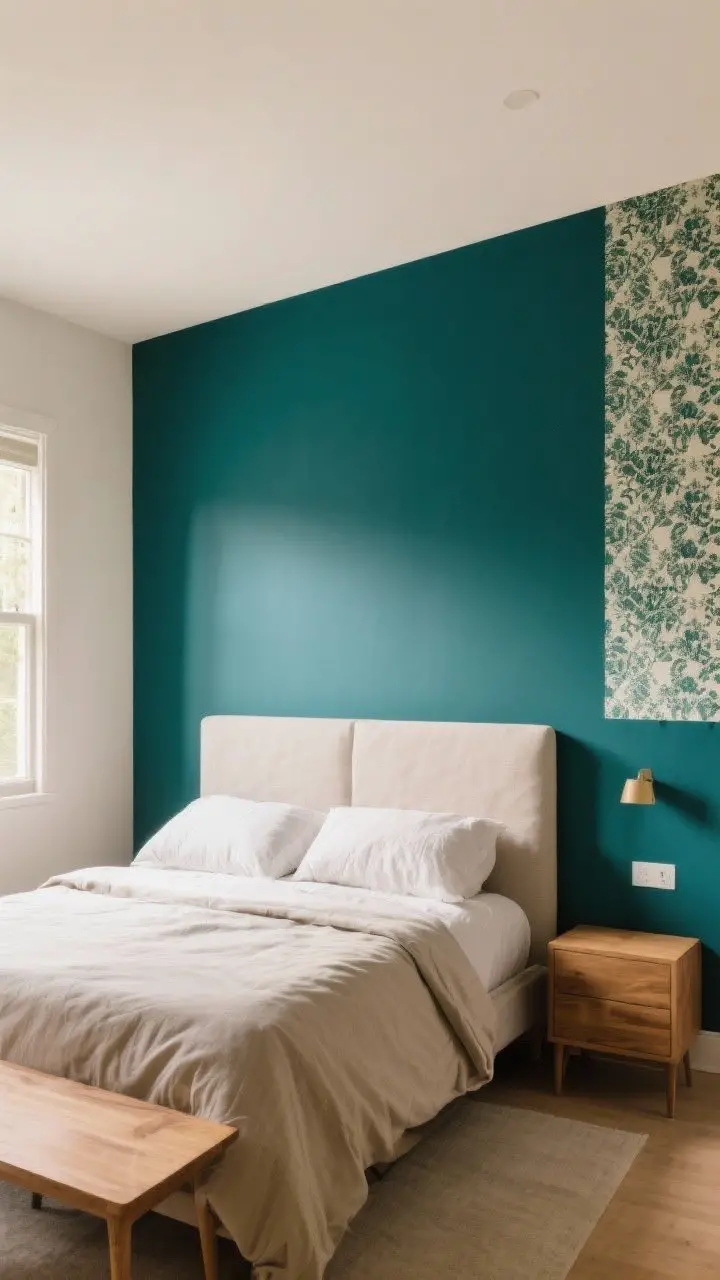 Wide shot: A modern bedroom with a bold accent wall behind the bed painted deep teal in a matte finish, the other three walls in a lighter warm off-white for contrast. The bed has simple linen bedding and minimal wood nightstands. Optional peel-and-stick patterned wallpaper sample applied to a portion of the accent wall for a punchy look. Soft natural morning light, calm mood, straight-on view.