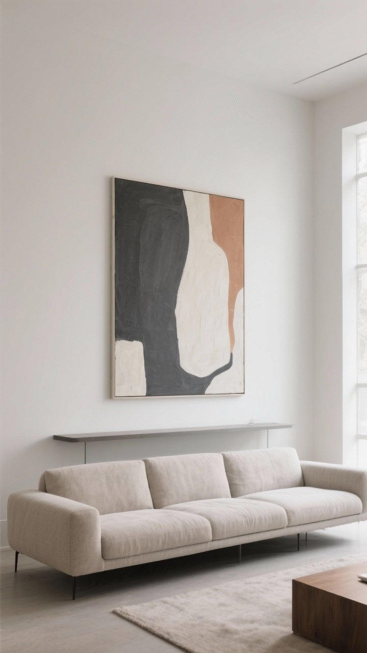 Wide shot: A modern living room with a big blank wall featuring one oversized abstract canvas in muted charcoal, soft ivory, and clay tones; the artwork spans roughly two-thirds the width of a low, neutral linen sofa. The piece is hung with 8 inches of breathing room around it, styled minimally with a slim console below. Natural daylight washes in from the side, emphasizing the intentional negative space. Photorealistic, straight-on perspective.