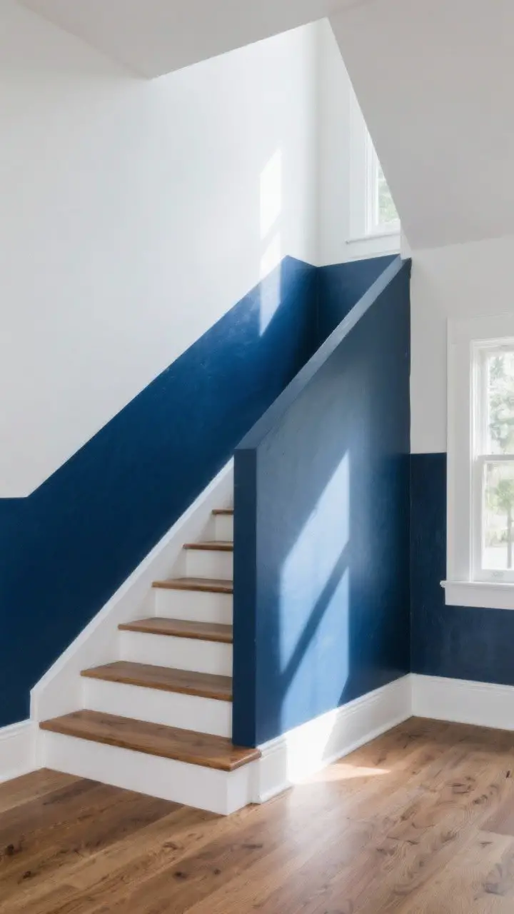 Wide shot: A modern staircase with a bold, saturated deep navy accent wall running alongside the stairs, painted satin for subtle sheen. The stringer is painted to match the wall for a cohesive look. A two-tone treatment appears halfway up with a painted dado line separating deep navy below and lighter airy white above. Natural daylight from a side window casts soft shadows; clean white risers and warm oak treads create contrast; no artwork, just the chic paint focus.