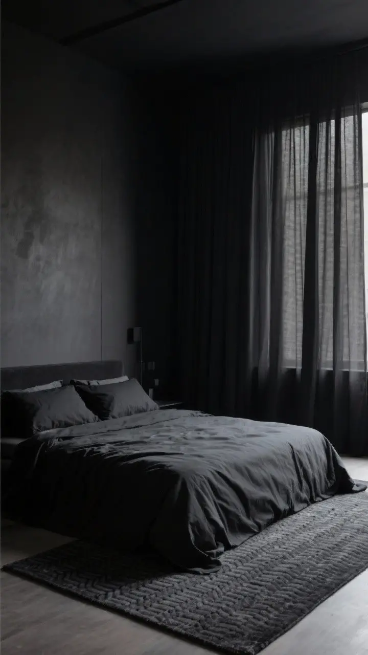 Wide shot: A monochrome bedroom in tone-on-tone blacks—charcoal or soft black walls, graphite duvet, pitch-black sheets, a dark grey rug with a subtle woven pattern, and sheer black curtains layered under heavier blackout panels; straight-on view of the bed so the nuanced shades of black read clearly; lighting is diffused and even to reveal tonal differences without glare; mood: elevated and moody.