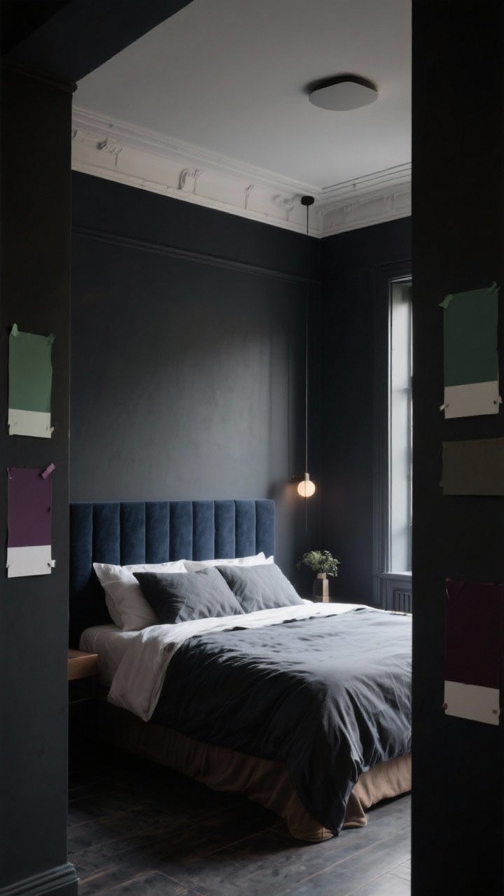Wide shot: A moody bedroom with charcoal walls and a ceiling painted two tones lighter, warm-black undertone paint that looks chic under mixed natural and soft artificial light; an inky navy accent wall behind the bed as an alternative view; forest green and deep plum paint swatches taped in different corners catching varied light; overall photorealistic, no people, cozy cocoon effect.