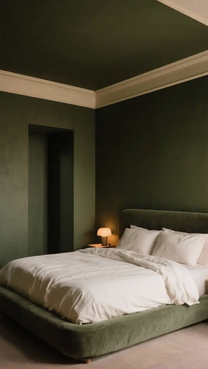 Wide shot: A moody cocoon-like bedroom painted wall-to-wall in a deep olive with warm undertones, including the ceiling. Trim in a subtle eggshell sheen, walls in matte for depth. Light, airy bedding in cream linen contrasts the dark envelope. Minimalist decor, warm bedside lighting for a restful, chic vibe. Straight-on or corner angle.