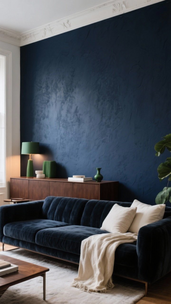 Wide shot: A moody living room anchored by an inky matte wall in midnight blue, styled with warm white and creamy beige textiles to balance. Include a charcoal velvet sofa, espresso brown sideboard, and forest green accents. Soft, warm ambient lighting grazes the matte wall to showcase its texture. Angle: straight-on, capturing the full wall as backdrop with textures popping against it. Photorealistic, no people.