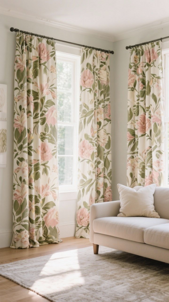 Wide shot: A neutral living room where large-scale floral patterned drapes in muted sage, blush, and cream steal the show; other textiles kept quiet—solid sofa, subtle rug; curtain pattern echoed subtly on a single throw pillow; early afternoon light highlighting the bold, fluid print.