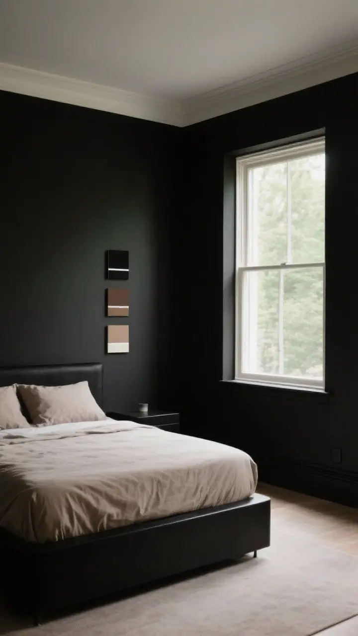 Wide shot: A north-facing bedroom painted in a warm black with subtle brown-green undertones, matte finish on the walls for a velvety look; three paint swatches in different black tones sampled on the wall near a window, natural cool daylight washing across them; simple modern platform bed with neutral bedding to keep focus on paint; include a small satin-finish black accent on trim to hint at cleanability; overall mood: polished, inviting, well-lit by indirect natural light.