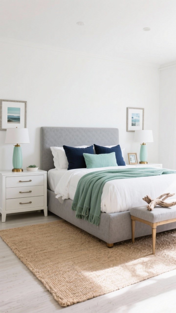 Wide shot: A serene coastal bedroom palette with crisp white matte walls, warm sand-toned area rug, stone-gray upholstered bed, and accents in sea-glass green and stormy navy. Style with navy pillows, a sage throw, driftwood photo frames on white nightstands, and brushed nickel plus antique brass mixed metal finishes on lamps and drawer pulls. Soft morning natural light, calm boutique-hotel mood, limited to 3–4 colors.