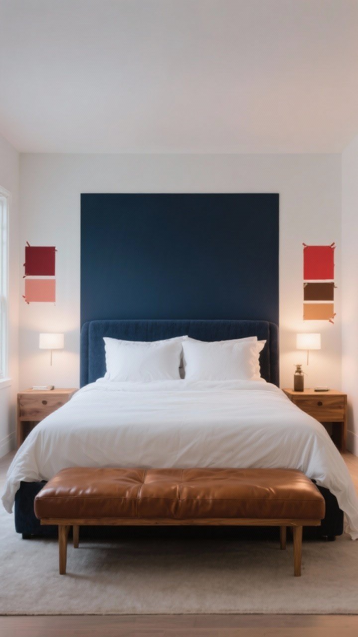Wide shot: A serene couples’ bedroom showcasing a shared color story in deep navy, warm white, and caramel leather; walls painted warm white with a deep navy accent wall behind the bed, caramel leather bench at the foot, natural wood accents; balanced 60-30-10 palette with navy as 30%, white as 60%, caramel as 10%; soft evening lighting to compare tones; paint swatches taped on two walls visible; no bright reds; calm, grown-up mood.