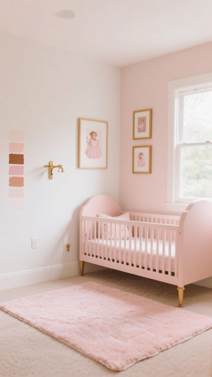 Wide shot: A serene girls’ nursery with a soft, cohesive color palette of blush, warm off-white walls, and caramel accents, styled with brass hardware and brass picture frames; paint samples swatched on two different walls visible, a blush area rug anchoring natural light from a window, minimal decor for a calm, curated mood, photorealistic, daytime.