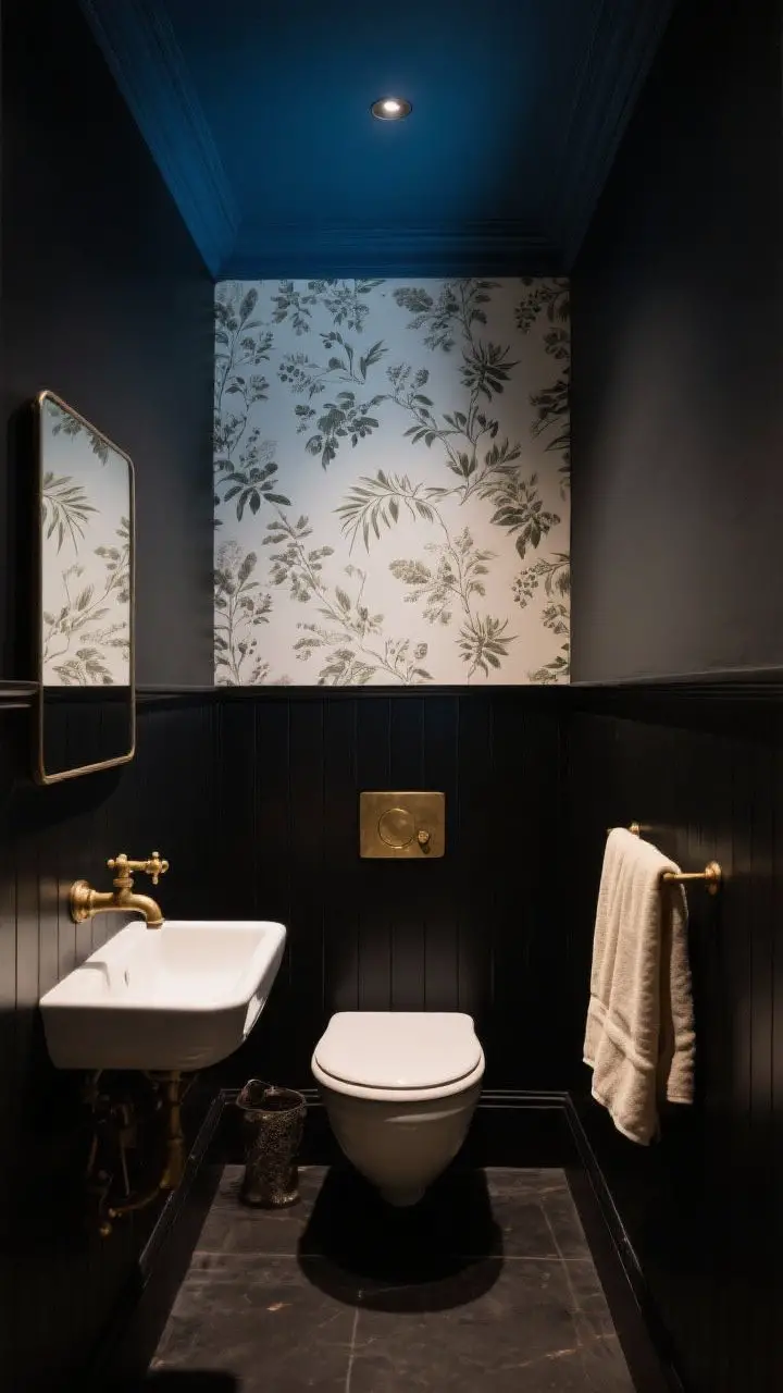 Wide shot: A small bathroom cocooned in matte near-black walls and a painted midnight blue ceiling, with subtle botanical-print wallpaper on one accent wall, warm aged brass fixtures, and creamy linen towels adding contrast; soft, moody lighting creates a velvet-cloak ambiance with deep shadows and highlights; photorealistic, no people.