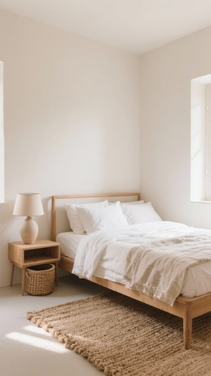 Wide shot: A small bedroom painted in warm off-white (Swiss Coffee/Alabaster vibe), bright and cozy with soft natural morning light. Linen bedding in layered textured whites, a chunky jute rug underfoot, and light-to-medium wood tones on a simple bed frame and nightstand. Corners visually softened; no stark whites. Add a neutral ceramic lamp and a woven basket for texture. Photorealistic, straight-on view, boutique-hotel minimal styling.