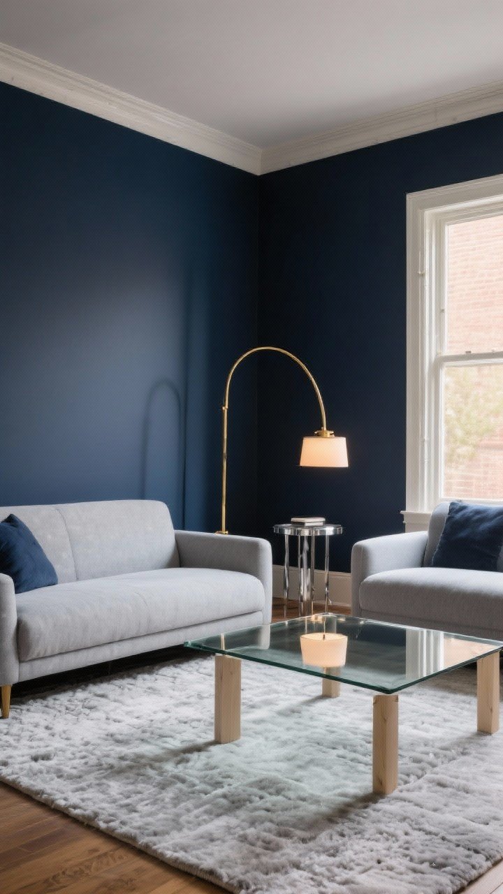Wide shot: A sophisticated living room with deep navy-painted walls (Benjamin Moore Hale Navy or Sherwin-Williams Naval), a light gray sectional and a textured light gray rug, balanced by reflective accents—brass arched floor lamp, chrome side table, and a glass coffee table with pale wood legs; natural daylight from a window, soft warm lamp glow, overall moody yet polished atmosphere.