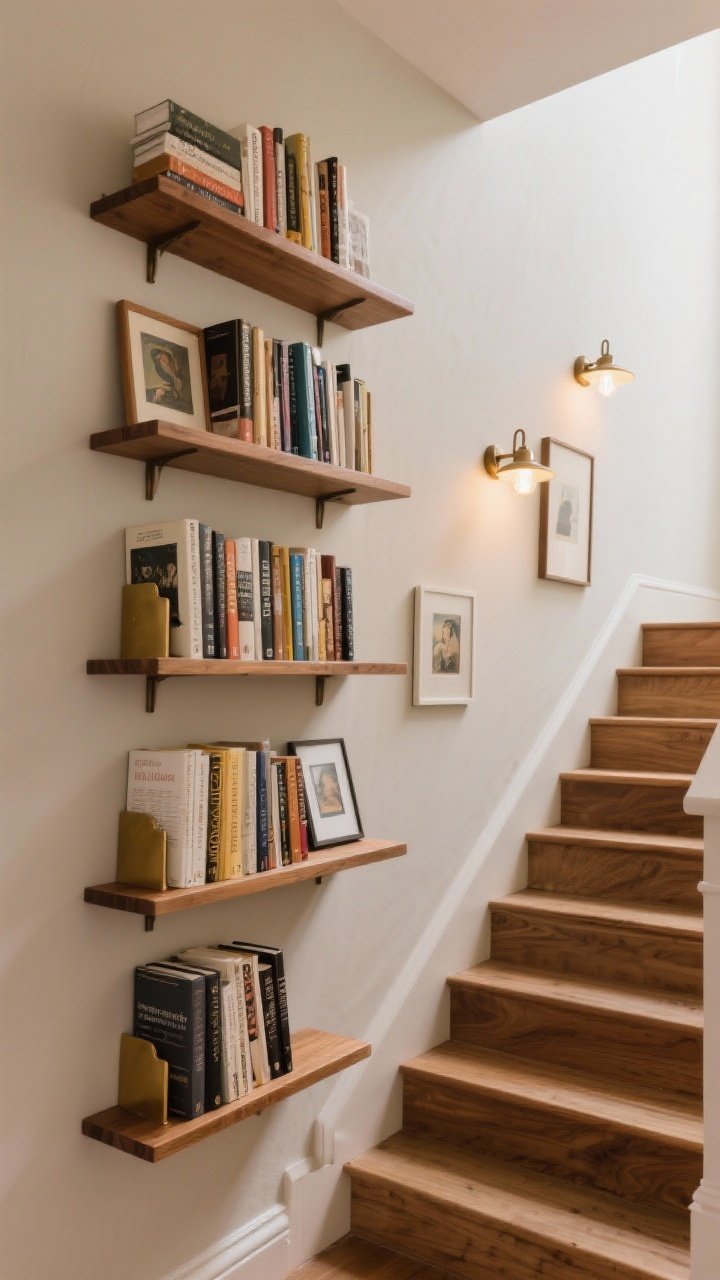 Wide shot: A staircase library wall with narrow 6–8-inch wood shelves filled with paperbacks—some vertical, some horizontal stacks—interspersed with small leaning art prints and brass bookends; two tiny sconces punctuate the run, casting a cozy glow; neutral wall color, natural oak shelves, and a sense of warmth and character.